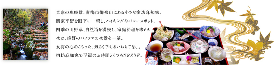 東京の奥座敷、青梅市御岳山にある小さな宿坊麻知家。関東平野を眼下に一望し、ハイキングやパワースポット、四季の山野草、自然浴を満喫し、家庭料理を味わい、夜は、絶好のパノラマの夜景を一望。女将の心のこもった、気さくで明るいおもてなし。宿坊麻知家で至福のお時間とくつろぎをどうぞ。